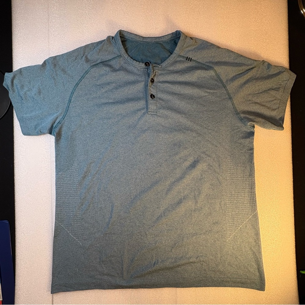 Lululemon Casual Blue striped Henley Tee Shirt.  Size L.  Good Condition.